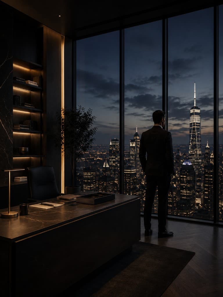 Executive in a dark suit overlooking a city skyline from a private office at night